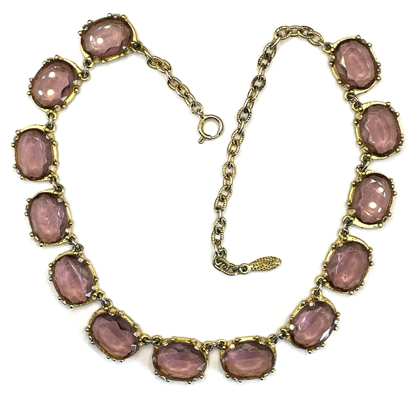 Vintage Sphinx amethyst purple / violet glass riviere necklace, heavy, bezel set, open-backed stones in ornate gold tone setting