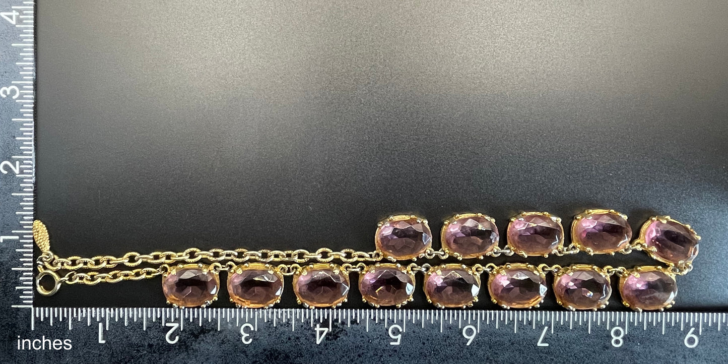 Vintage Sphinx amethyst purple / violet glass riviere necklace, heavy, bezel set, open-backed stones in ornate gold tone setting