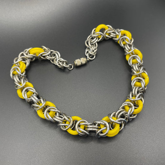 Vintage Jakob Bengel Art Deco 1930s machine age collar necklace with yellow galalith rings and chunky chrome byzantine chain