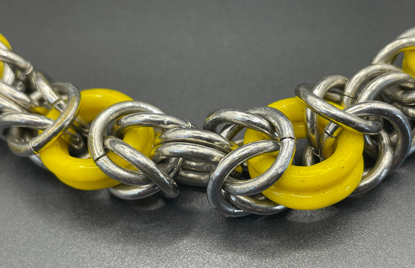 Vintage Jakob Bengel Art Deco 1930s machine age collar necklace with yellow galalith rings and chunky chrome byzantine chain