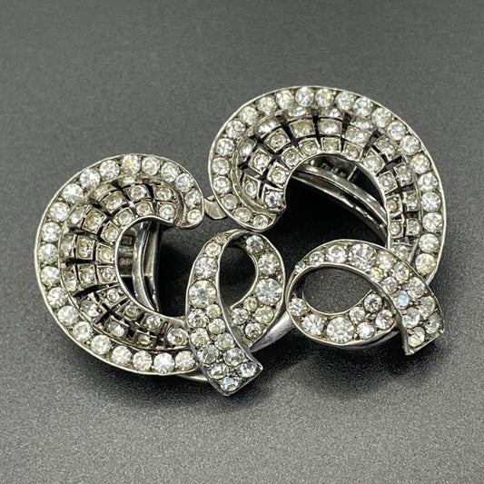 Vintage duette in sterling silver & paste, unusual asymmetric, romantic design - metamorphic brooch that is convertible to dress clips