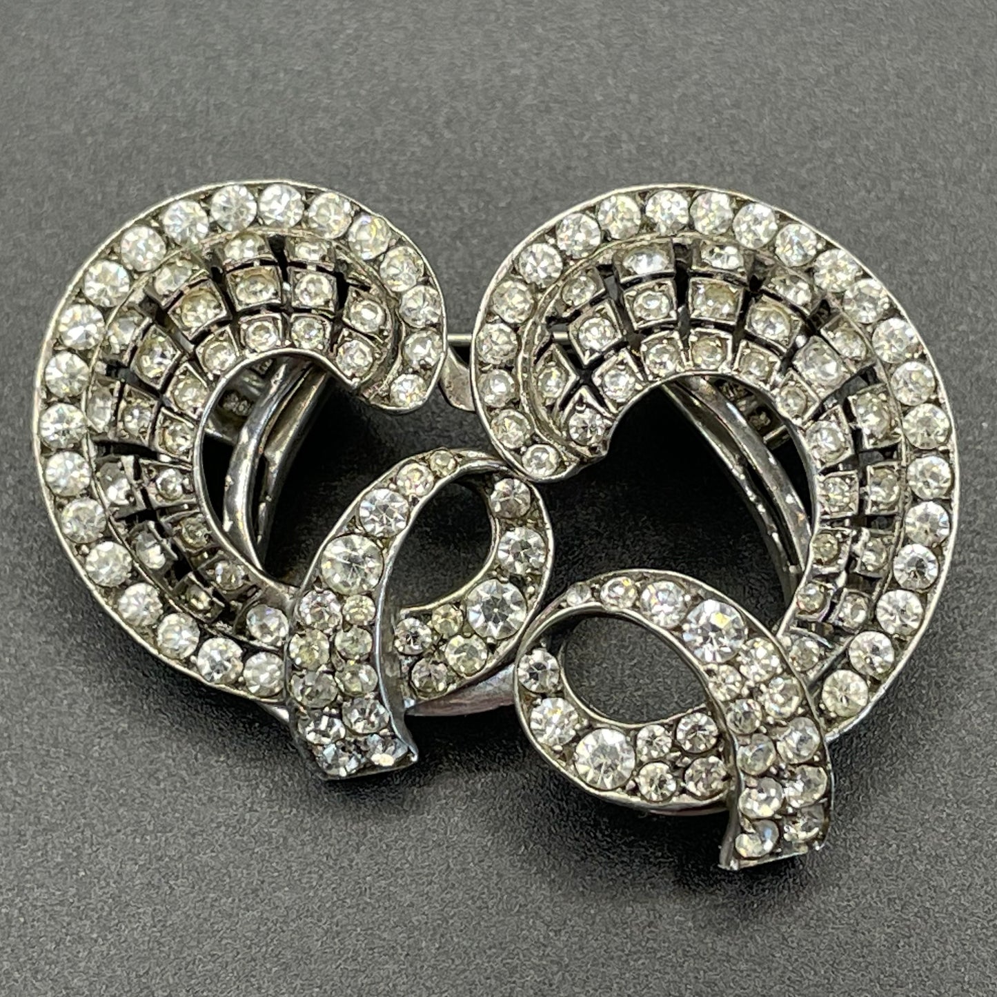 Vintage duette in sterling silver & paste, unusual asymmetric, romantic design - metamorphic brooch that is convertible to dress clips
