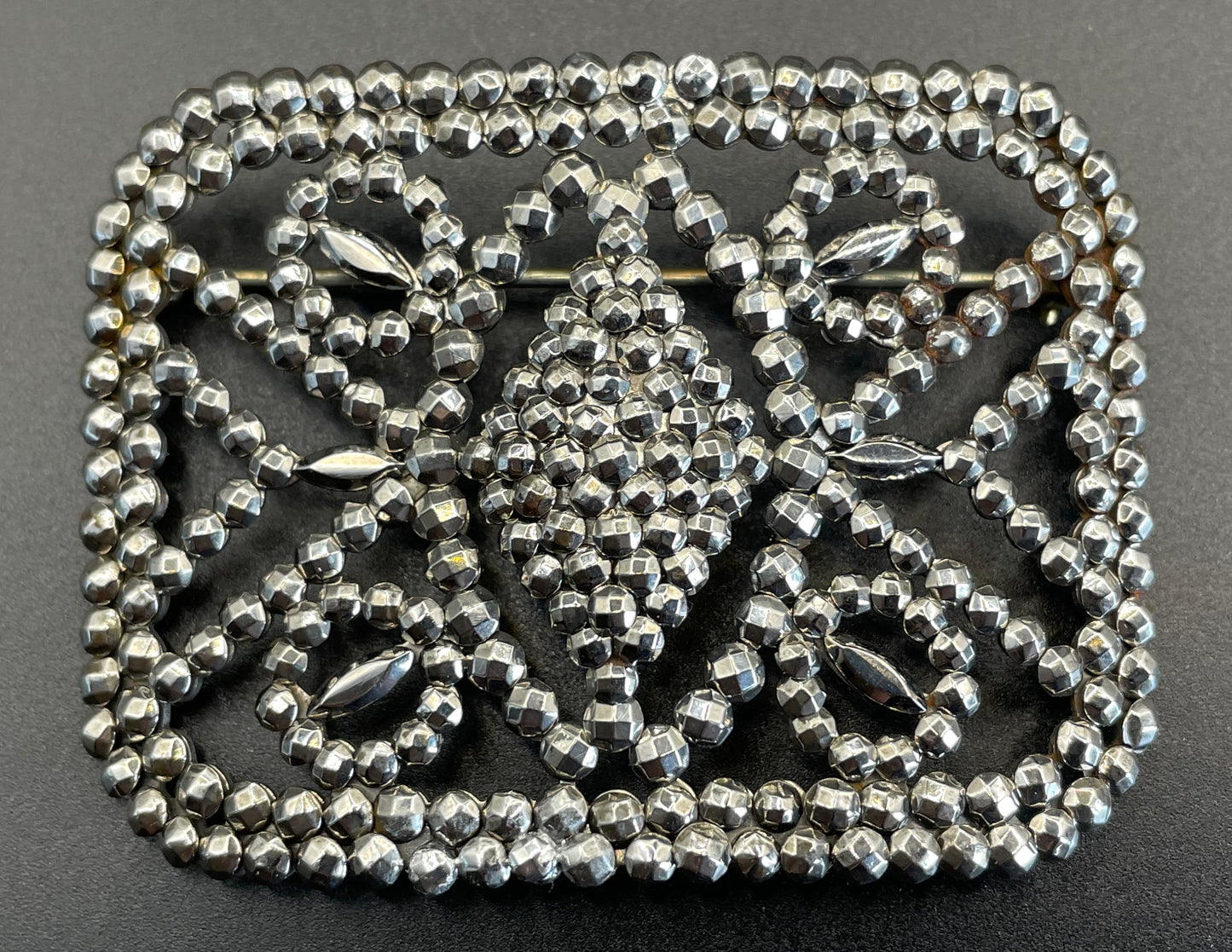 Pair of large antique Georgian cut steel faceted brooches, rectangular shaped, beautifully ornate sparkly pieces