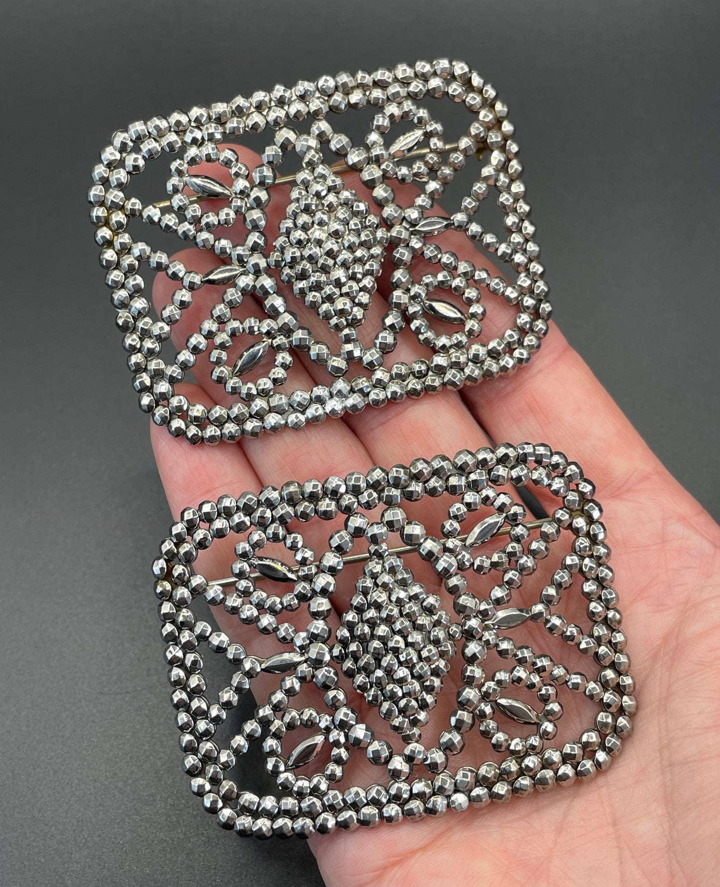 Pair of large antique Georgian cut steel faceted brooches, rectangular shaped, beautifully ornate sparkly pieces