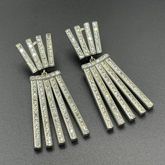 Vintage DRGM Schreiber & Hiller Art Deco channel set paste clear rhinestone geometric machine age clip on earrings