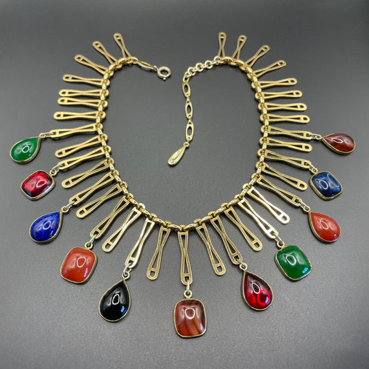 Beautiful vintage poured glass and rolled gold fringe necklace, jewels of India style