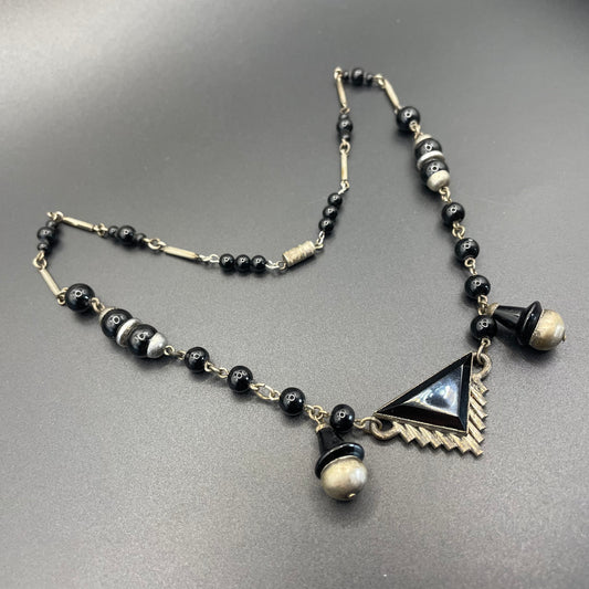 Vintage Art Deco machine age silver tone chrome and black glass necklace