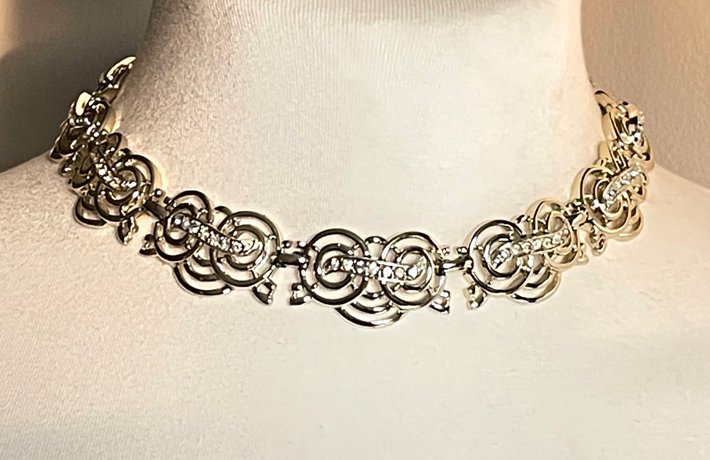 Vintage Marcel Boucher signed 'Marboux' clear rhinestone and pale gold tone choker necklace, really pretty, delicate design