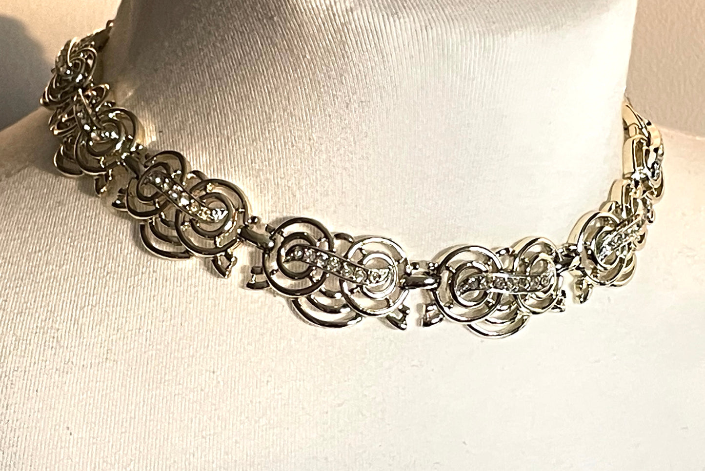 Vintage Marcel Boucher signed 'Marboux' clear rhinestone and pale gold tone choker necklace, really pretty, delicate design
