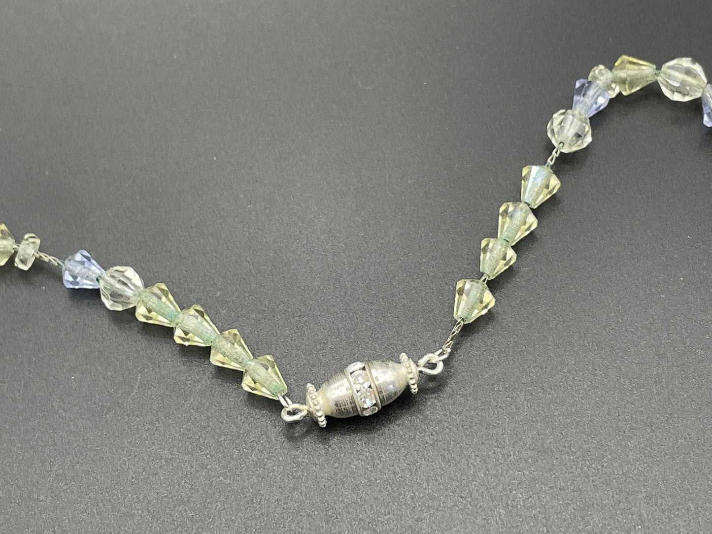 Vintage uranium glass faceted crystal bead Art Deco necklace - delicate pale yellow and blue beads that glow under UV light on foxtail chain