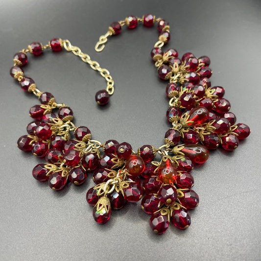 Vintage Art Deco garnet red crystal glass bead fringe necklace, beautiful deep red glass clusters, choker length