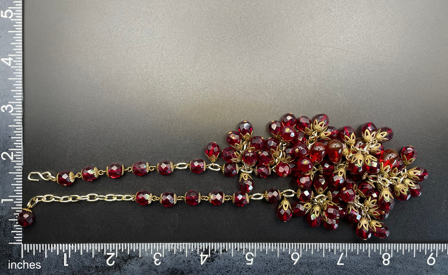 Vintage Art Deco garnet red crystal glass bead fringe necklace, beautiful deep red glass clusters, choker length