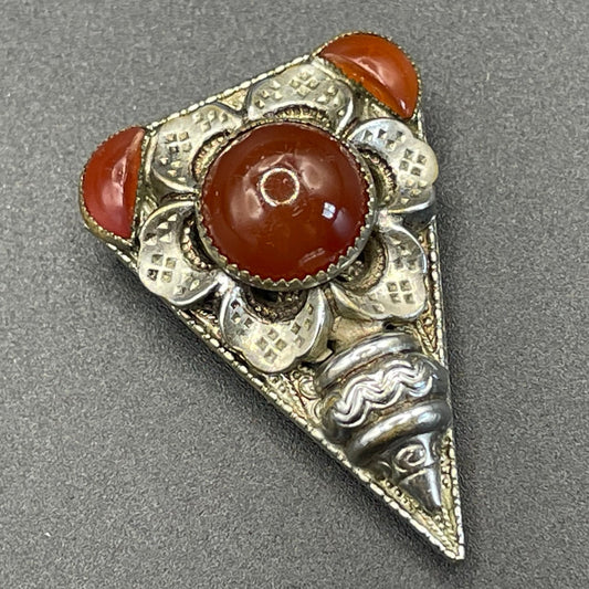 Vintage Art Deco Czech Neiger Brothers, Max Neiger faux carnelian glass cabochon and silver tone dress clip, beautiful deep orange colour