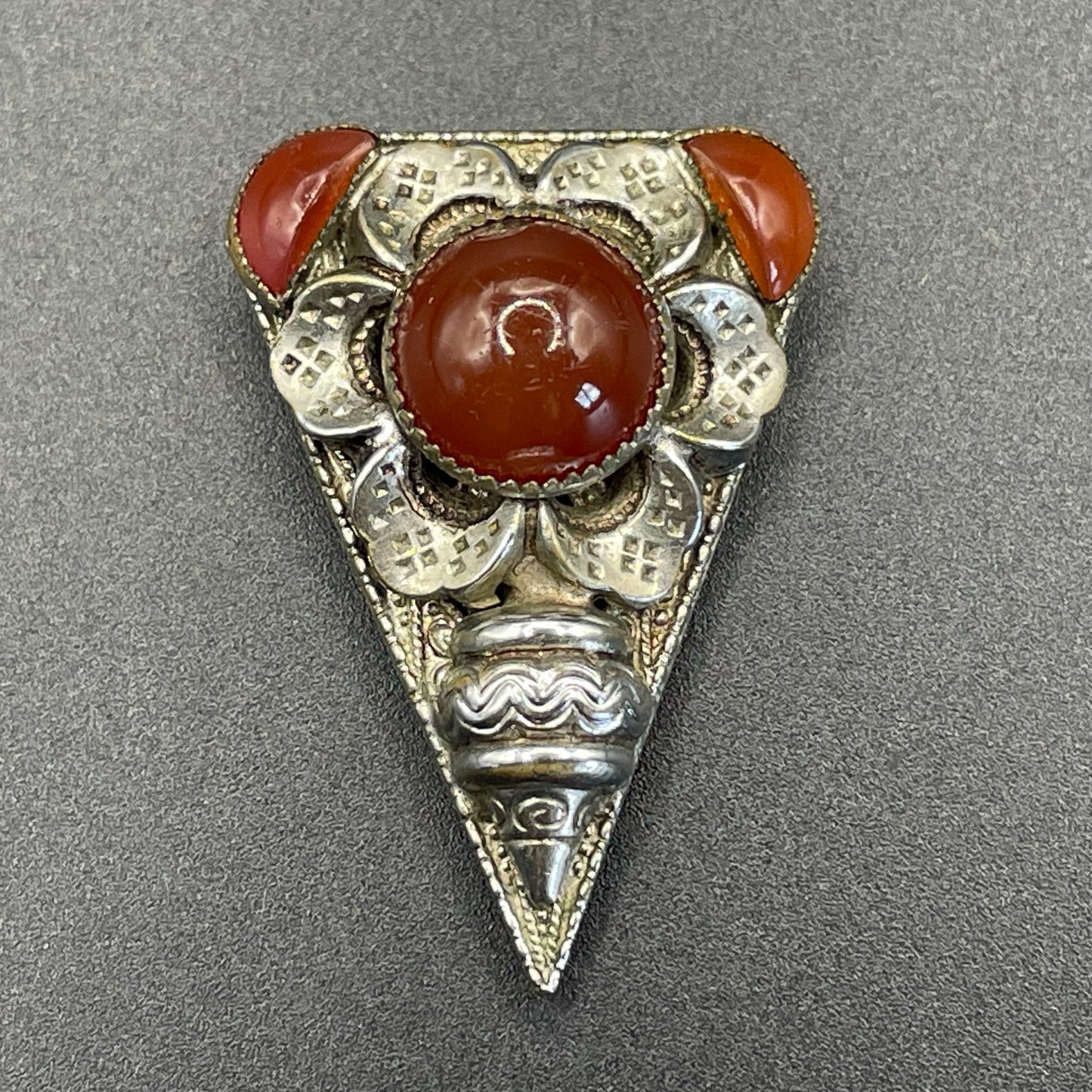 Vintage Art Deco Czech Neiger Brothers, Max Neiger faux carnelian glass cabochon and silver tone dress clip, beautiful deep orange colour