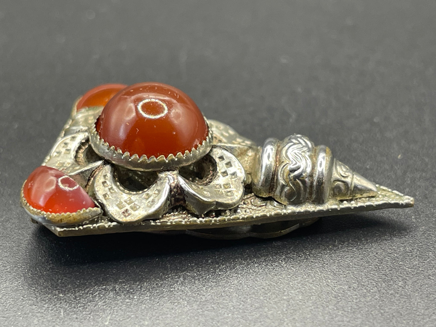 Vintage Art Deco Czech Neiger Brothers, Max Neiger faux carnelian glass cabochon and silver tone dress clip, beautiful deep orange colour