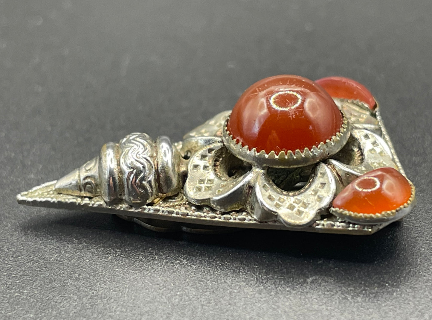 Vintage Art Deco Czech Neiger Brothers, Max Neiger faux carnelian glass cabochon and silver tone dress clip, beautiful deep orange colour