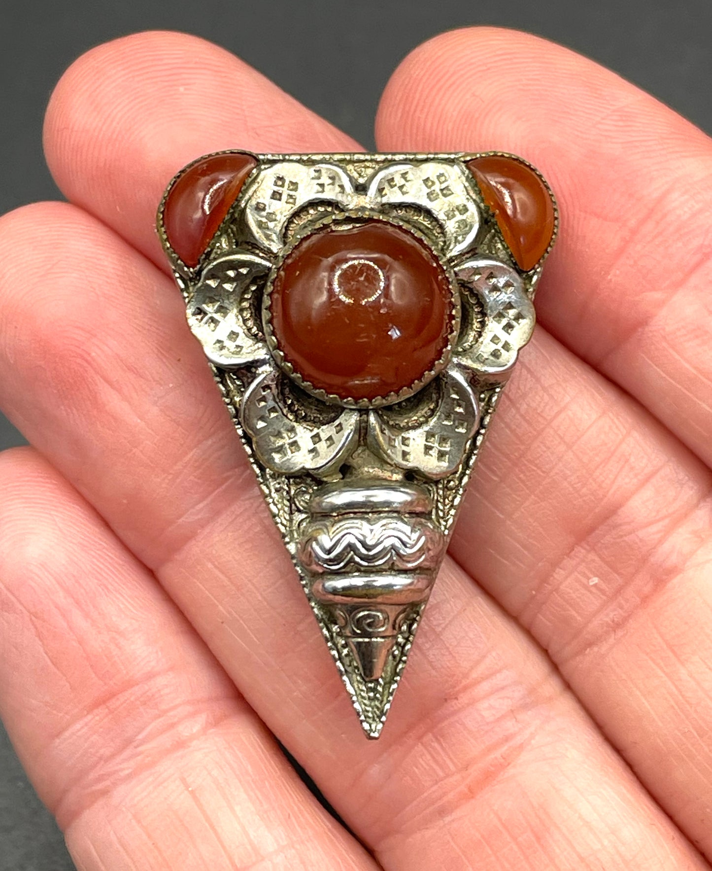 Vintage Art Deco Czech Neiger Brothers, Max Neiger faux carnelian glass cabochon and silver tone dress clip, beautiful deep orange colour