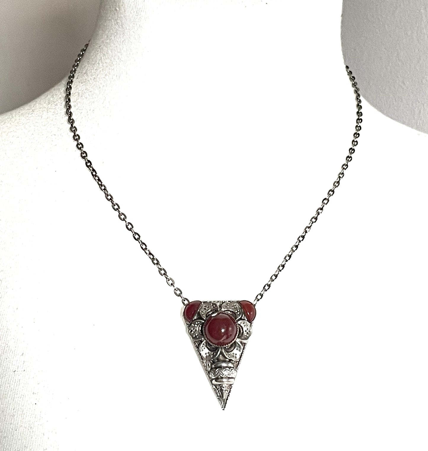 Vintage Art Deco Czech Neiger Brothers, Max Neiger faux carnelian glass cabochon and silver tone dress clip, beautiful deep orange colour