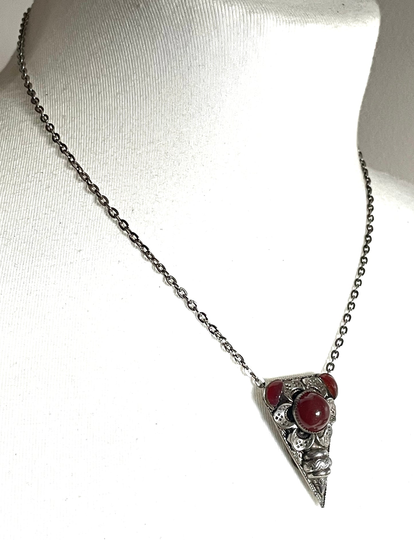 Vintage Art Deco Czech Neiger Brothers, Max Neiger faux carnelian glass cabochon and silver tone dress clip, beautiful deep orange colour