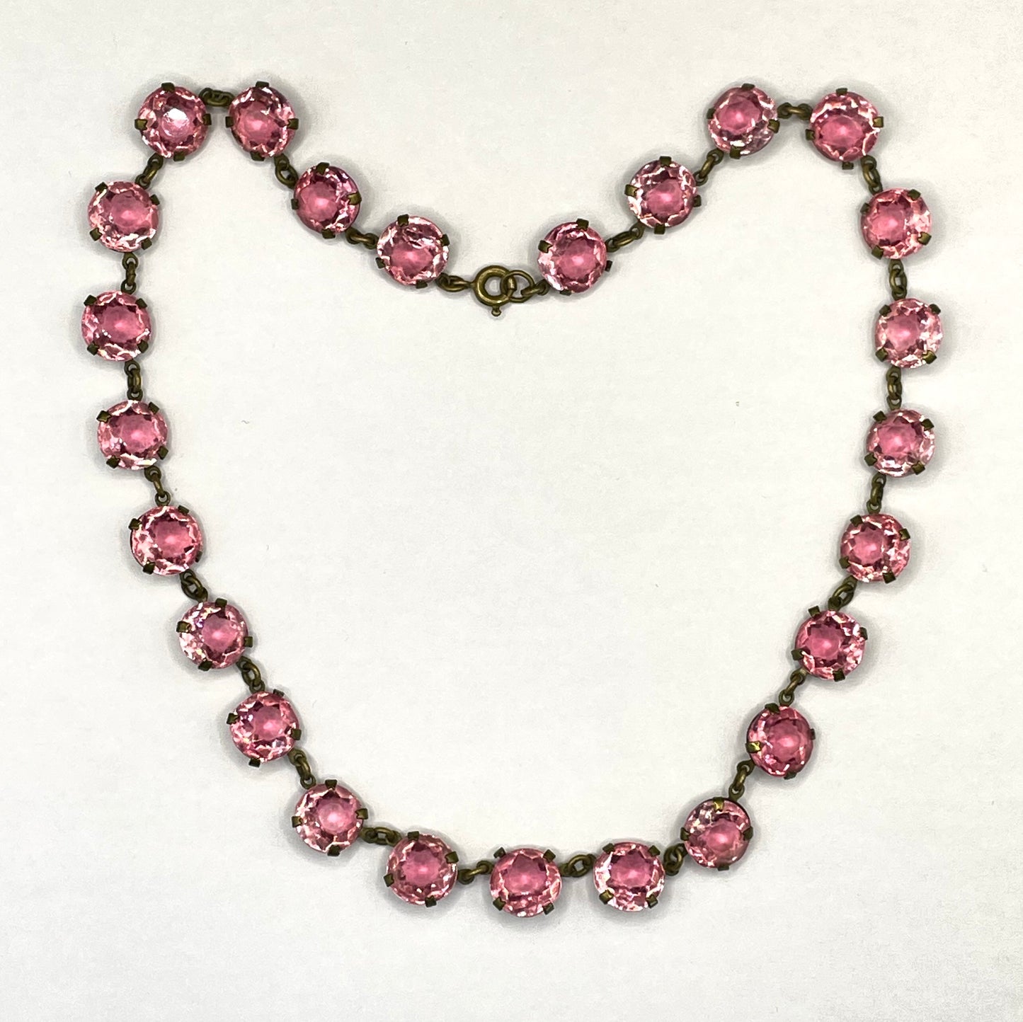 Vintage Art Deco bezel set gorgeous ruby pink crystal riviere choker necklace, open-backed rhinestones