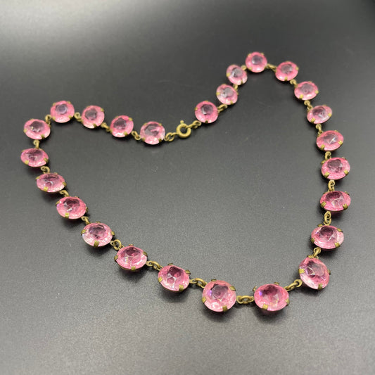 Vintage Art Deco bezel set gorgeous ruby pink crystal riviere choker necklace, open-backed rhinestones
