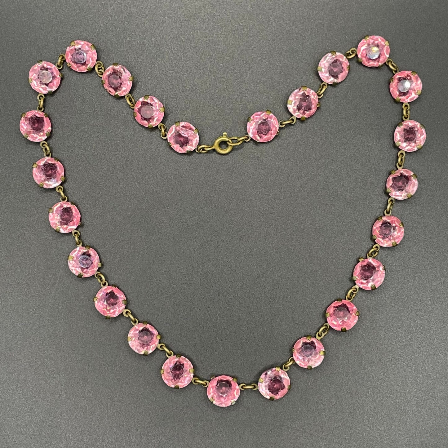 Vintage Art Deco bezel set gorgeous ruby pink crystal riviere choker necklace, open-backed rhinestones