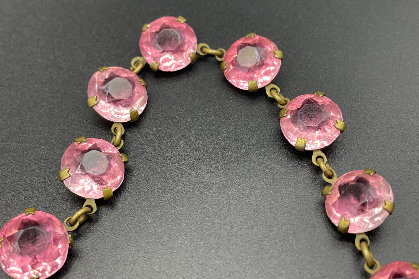 Vintage Art Deco bezel set gorgeous ruby pink crystal riviere choker necklace, open-backed rhinestones