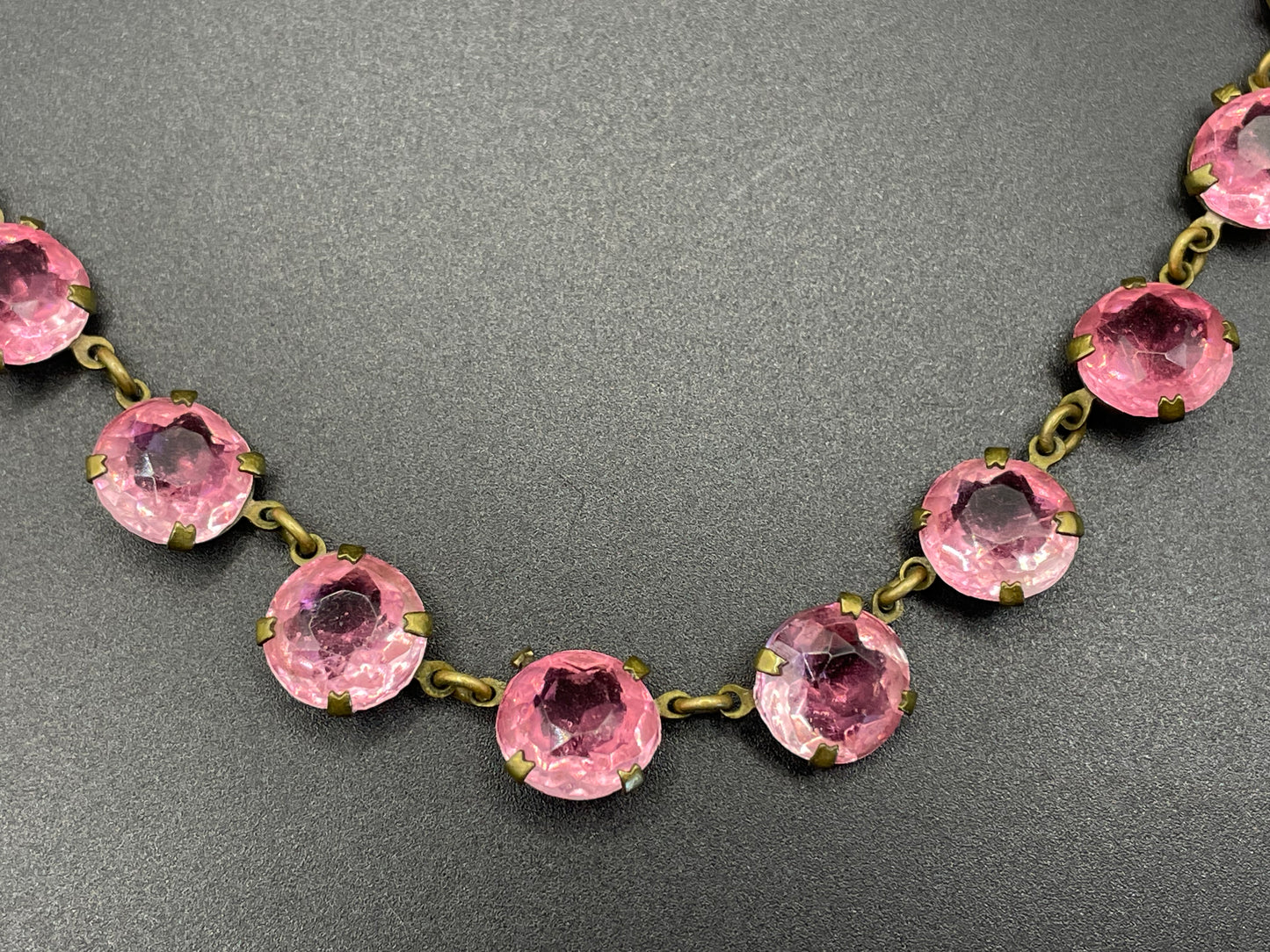 Vintage Art Deco bezel set gorgeous ruby pink crystal riviere choker necklace, open-backed rhinestones