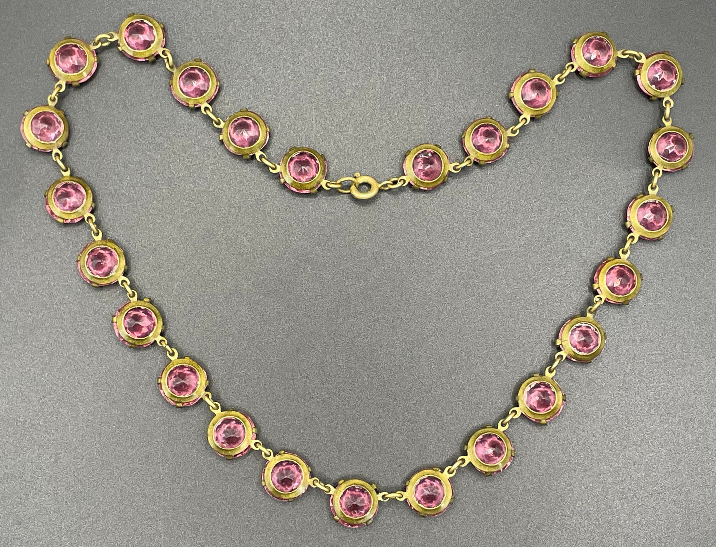 Vintage Art Deco bezel set gorgeous ruby pink crystal riviere choker necklace, open-backed rhinestones