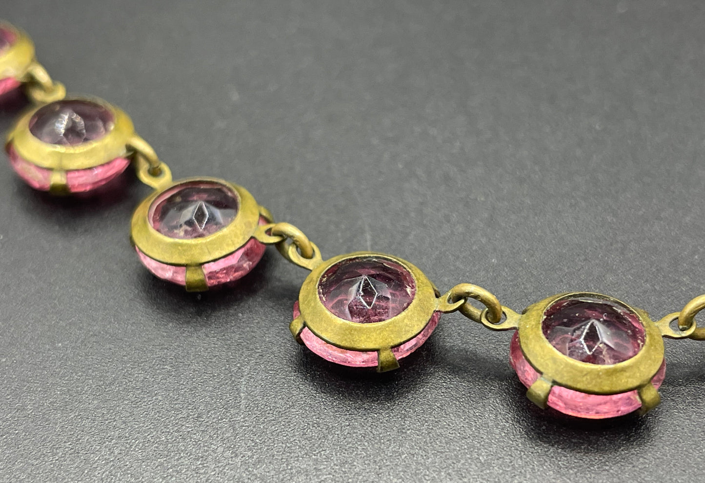 Vintage Art Deco bezel set gorgeous ruby pink crystal riviere choker necklace, open-backed rhinestones