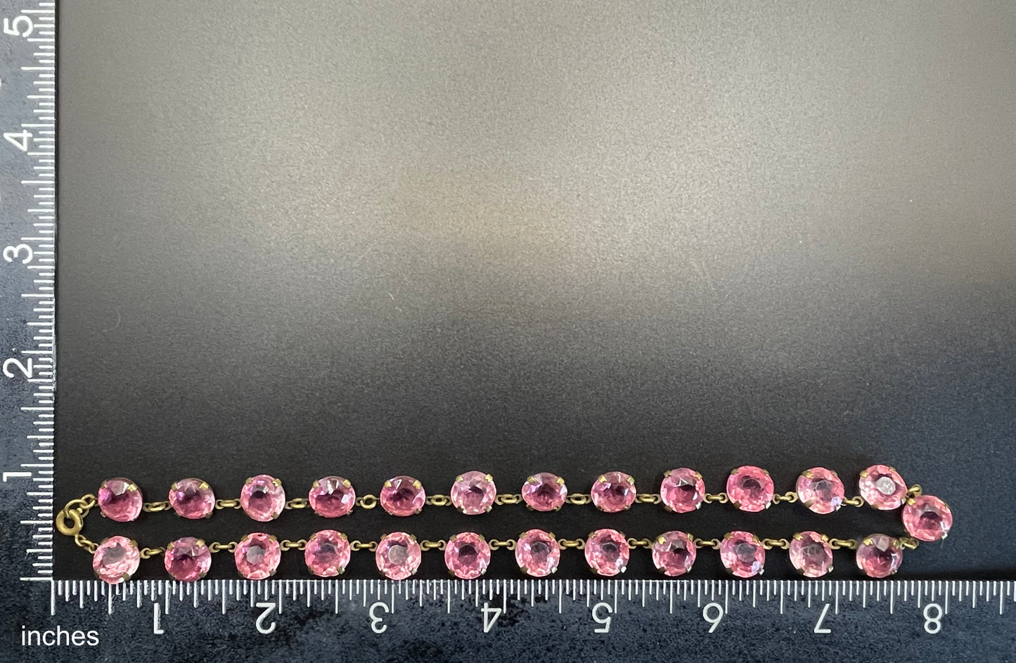 Vintage Art Deco bezel set gorgeous ruby pink crystal riviere choker necklace, open-backed rhinestones