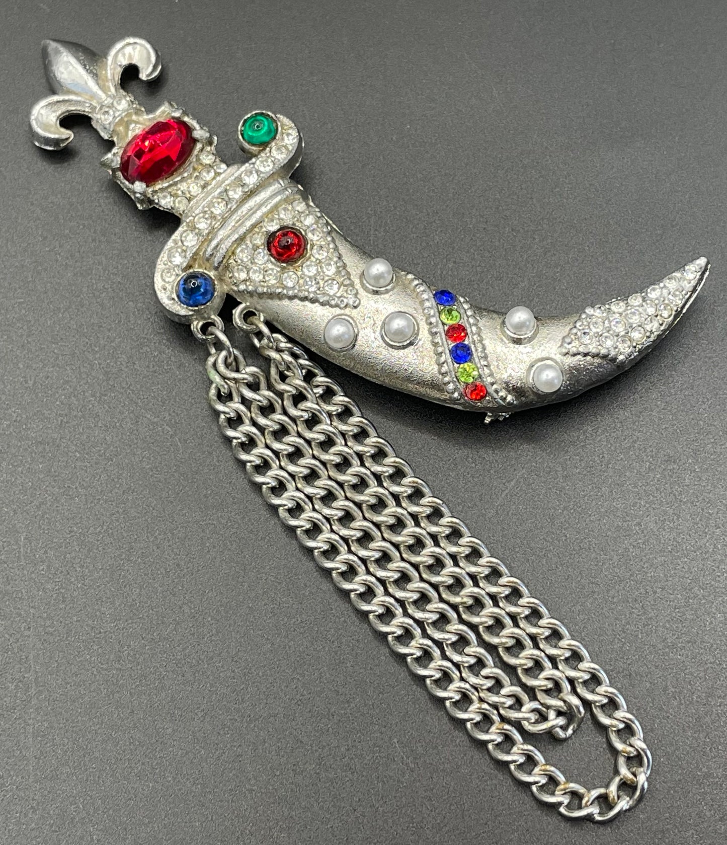 Huge vintage dagger and scabbard faux chatelaine pin brooch based on a design by Murray Slater for Urie Mandle jewellery, unsigned