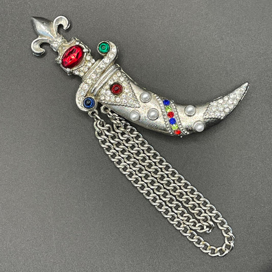 Large vintage dagger and scabbard faux chatelaine pin brooch based on a design by Murray Slater for Urie Mandle jewellery, unsigned