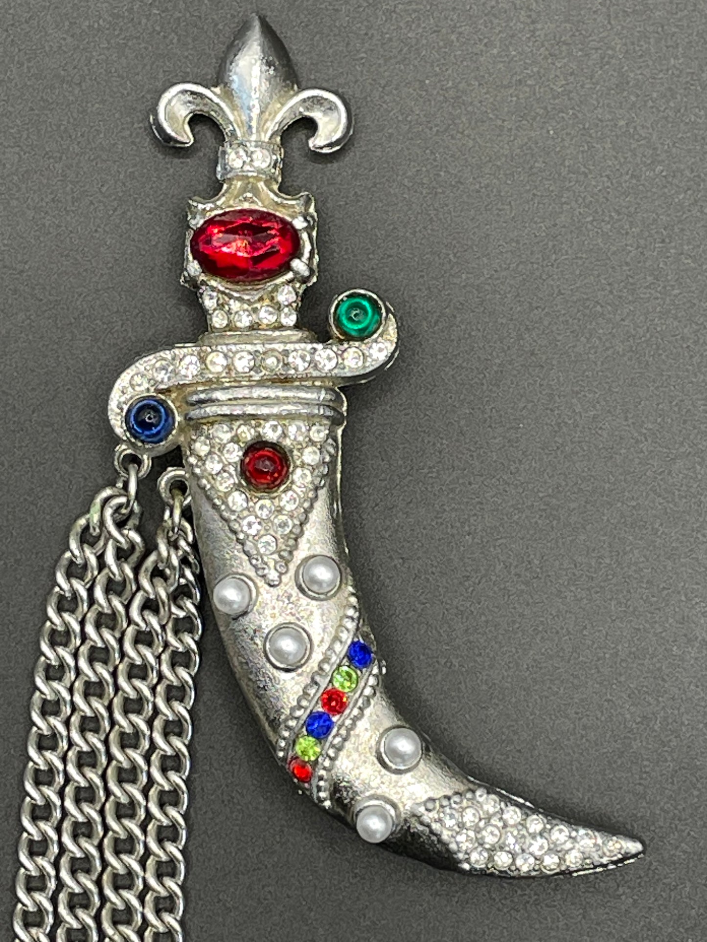 Huge vintage dagger and scabbard faux chatelaine pin brooch based on a design by Murray Slater for Urie Mandle jewellery, unsigned