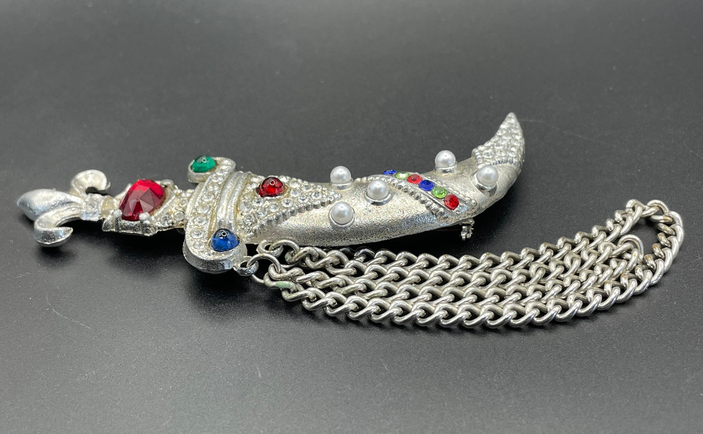 Huge vintage dagger and scabbard faux chatelaine pin brooch based on a design by Murray Slater for Urie Mandle jewellery, unsigned