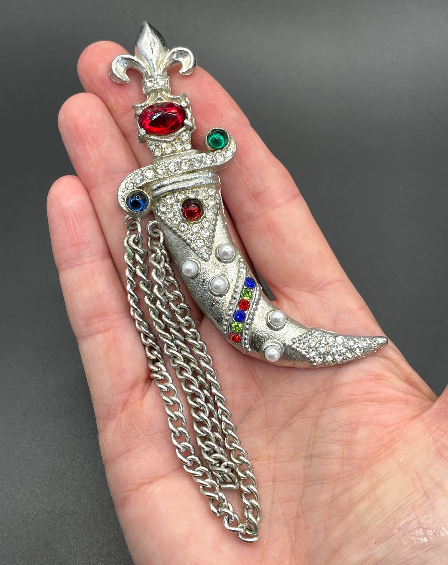 Huge vintage dagger and scabbard faux chatelaine pin brooch based on a design by Murray Slater for Urie Mandle jewellery, unsigned