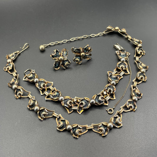 Vintage signed Bond Boyd sterling silver gilt and enamel necklace, bracelet and screw-back earrings parure set, 47 grams overall