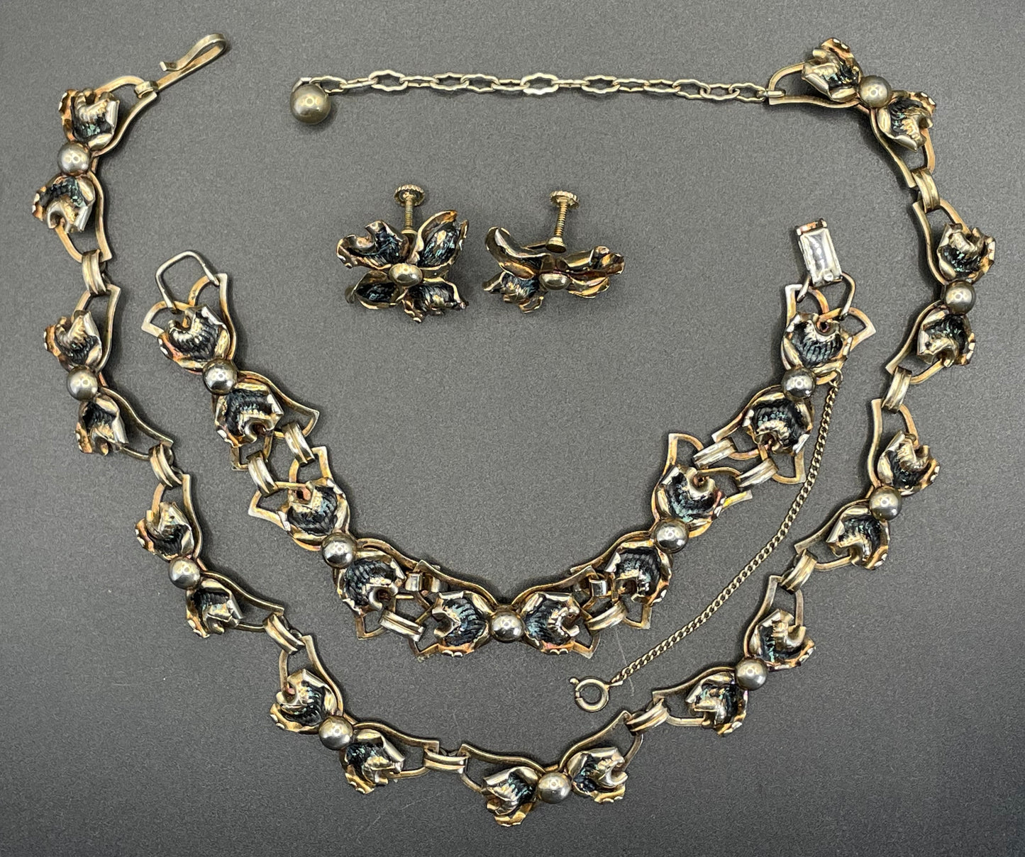 Vintage signed Bond Boyd sterling silver gilt and enamel necklace, bracelet and screw-back earrings parure set, 47 grams overall