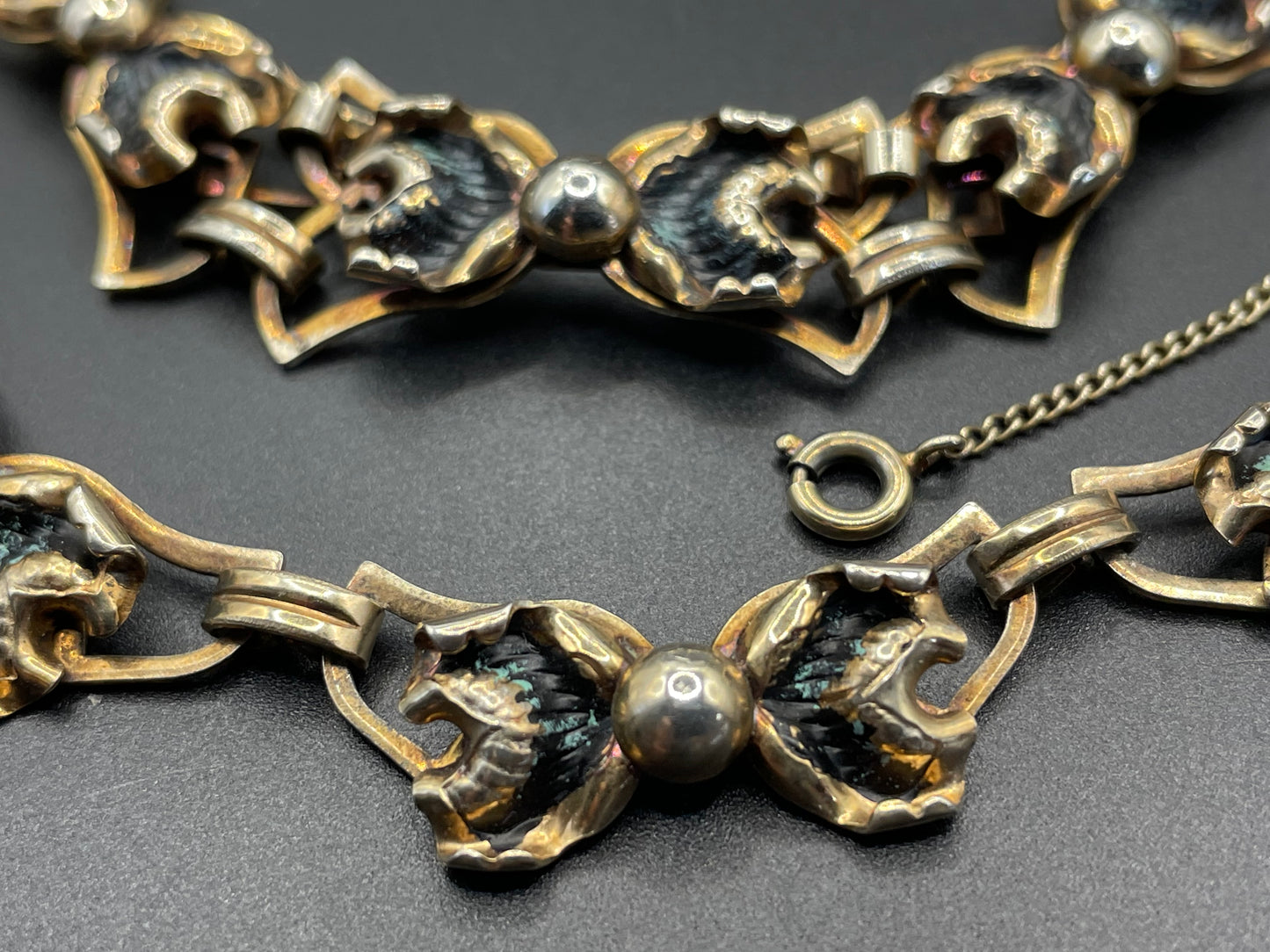 Vintage signed Bond Boyd sterling silver gilt and enamel necklace, bracelet and screw-back earrings parure set, 47 grams overall
