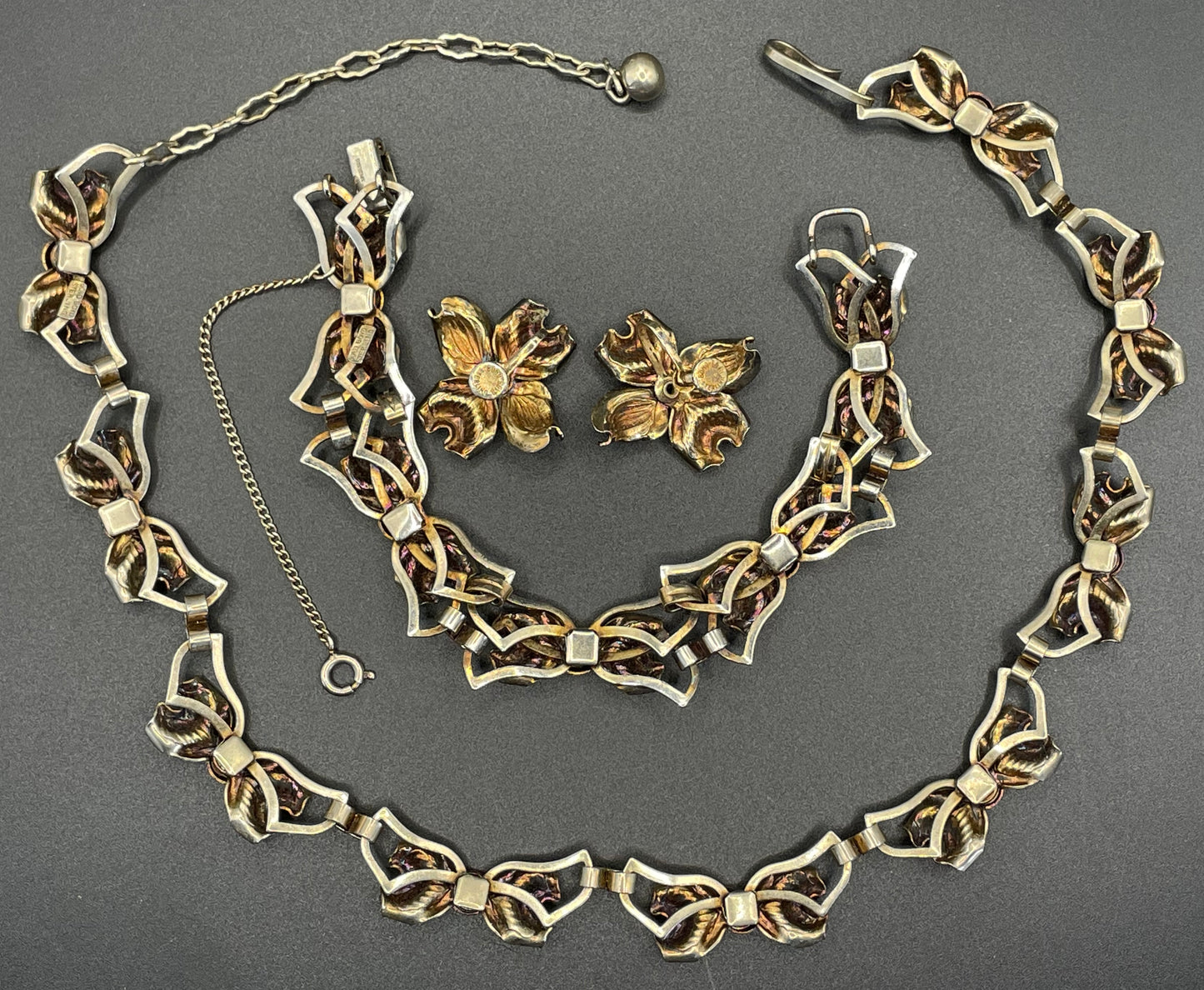 Vintage signed Bond Boyd sterling silver gilt and enamel necklace, bracelet and screw-back earrings parure set, 47 grams overall