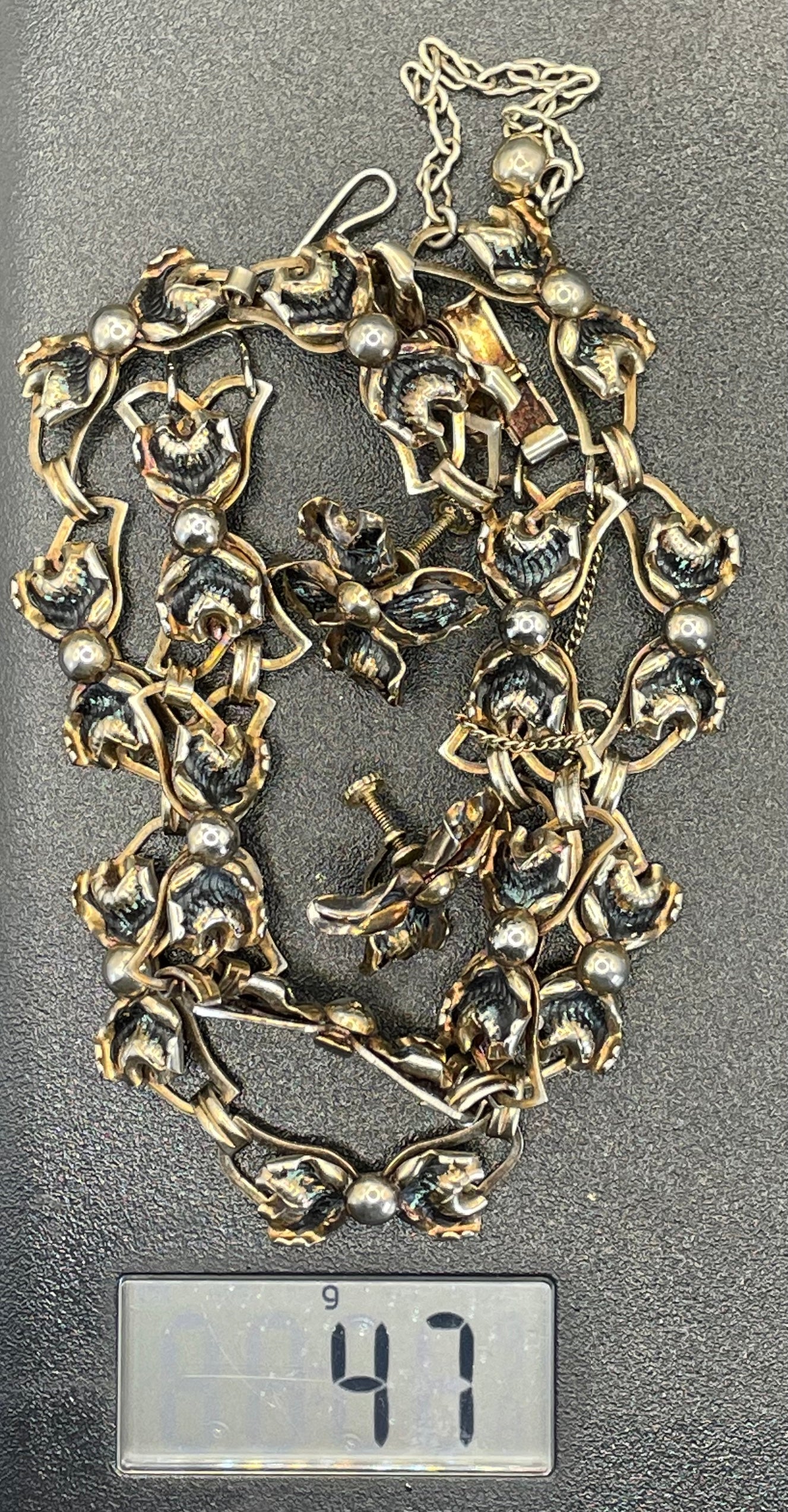 Vintage signed Bond Boyd sterling silver gilt and enamel necklace, bracelet and screw-back earrings parure set, 47 grams overall