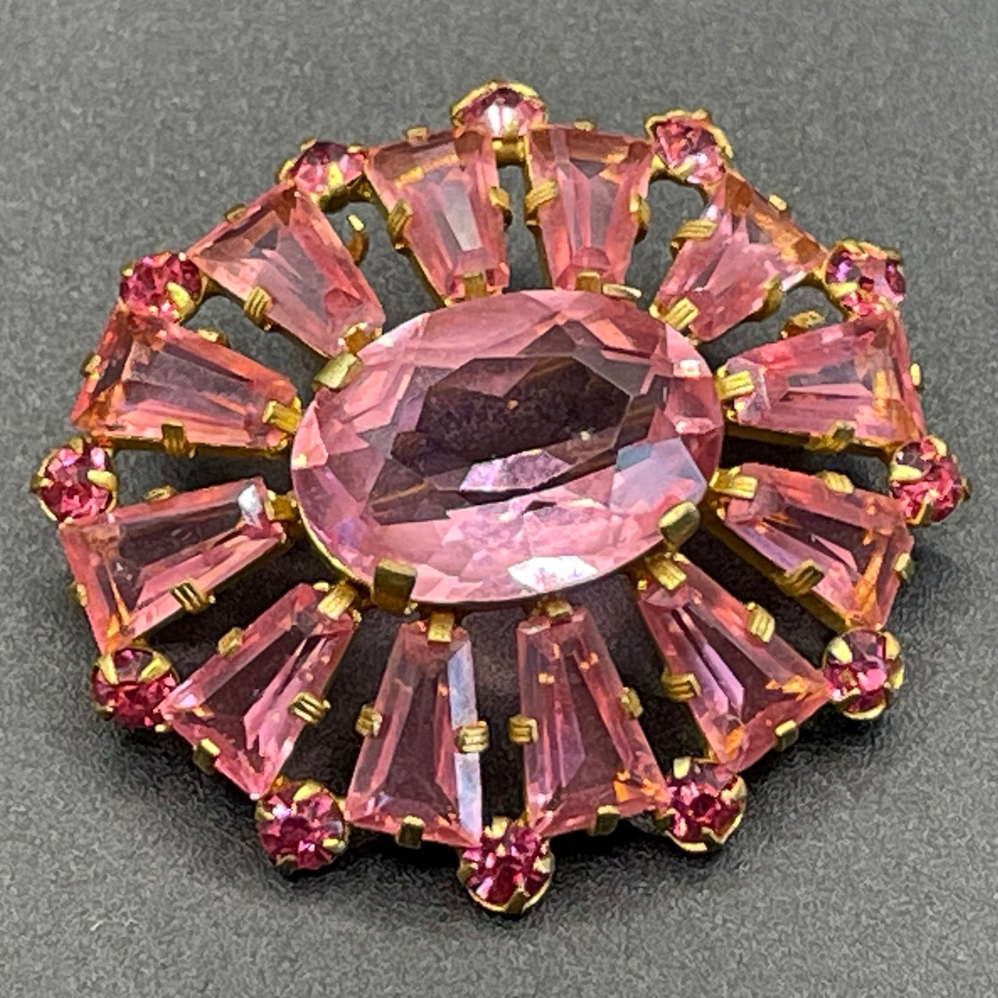 Vintage Art Deco Czech ruby pink glass, unusual shaped rhinestone, open-backed, gold tone brooch pin, petite size