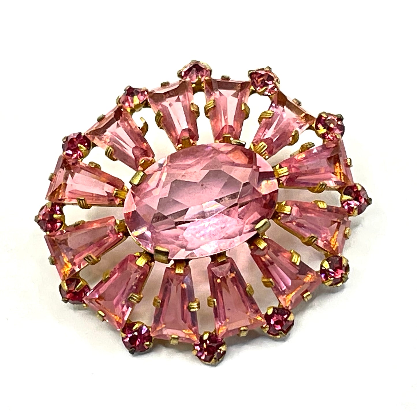 Vintage Art Deco Czech ruby pink glass, unusual shaped rhinestone, open-backed, gold tone brooch pin, petite size