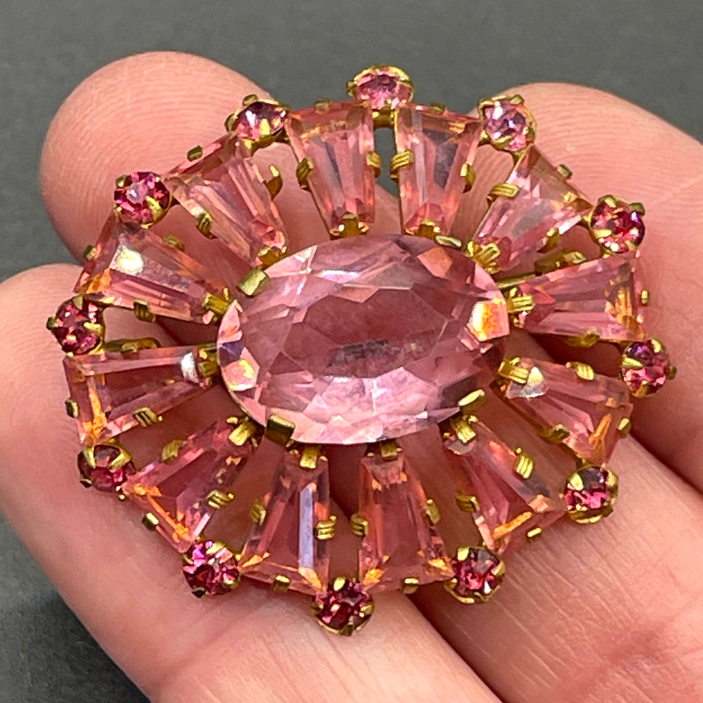 Vintage Art Deco Czech ruby pink glass, unusual shaped rhinestone, open-backed, gold tone brooch pin, petite size