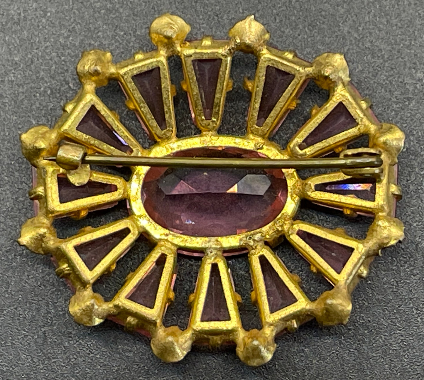 Vintage Art Deco Czech ruby pink glass, unusual shaped rhinestone, open-backed, gold tone brooch pin, petite size