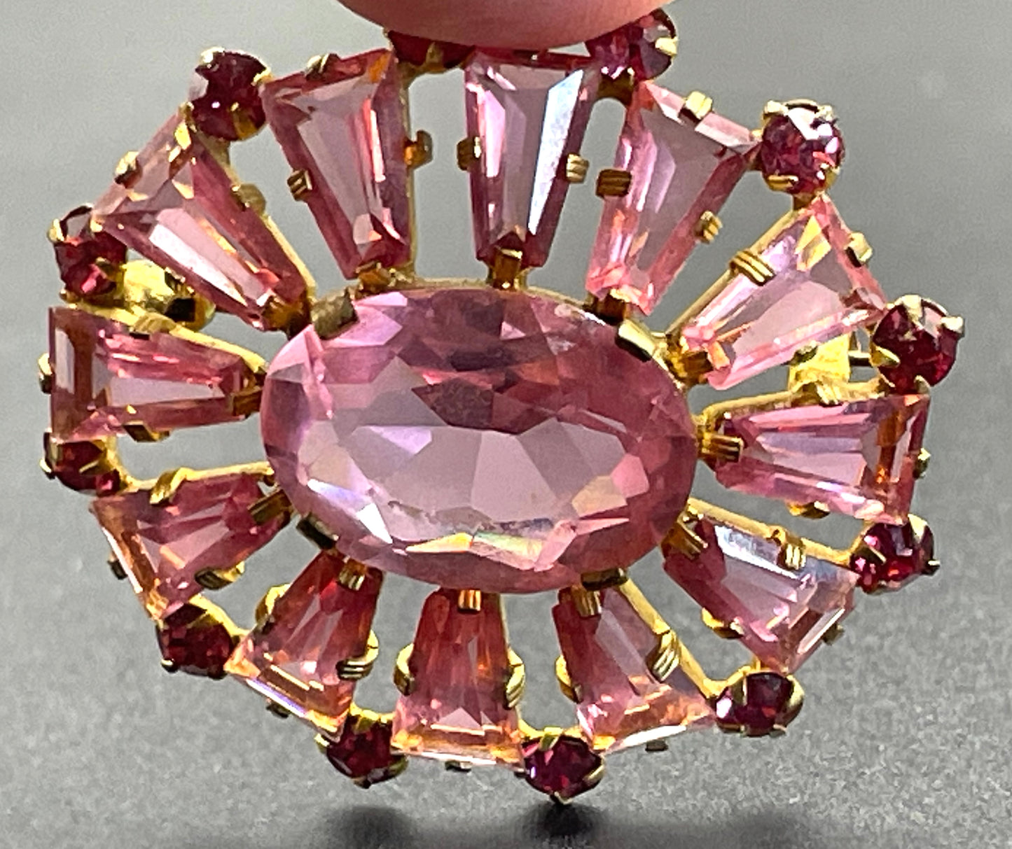 Vintage Art Deco Czech ruby pink glass, unusual shaped rhinestone, open-backed, gold tone brooch pin, petite size