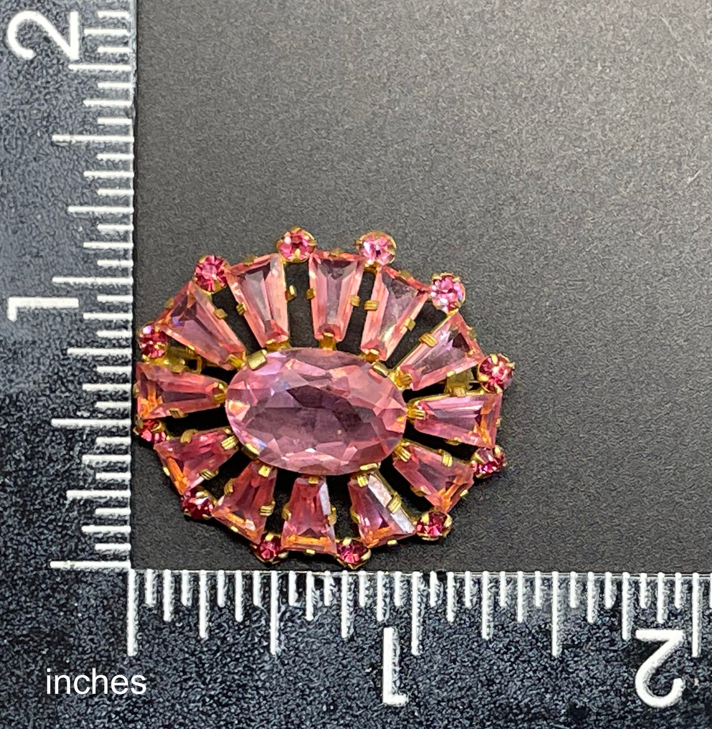 Vintage Art Deco Czech ruby pink glass, unusual shaped rhinestone, open-backed, gold tone brooch pin, petite size