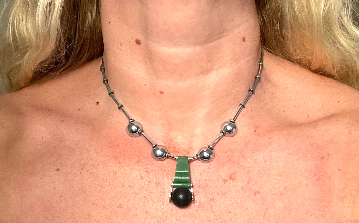 Vintage Jakob Bengel Art Deco machine age chrome with green and black galalith bead necklace