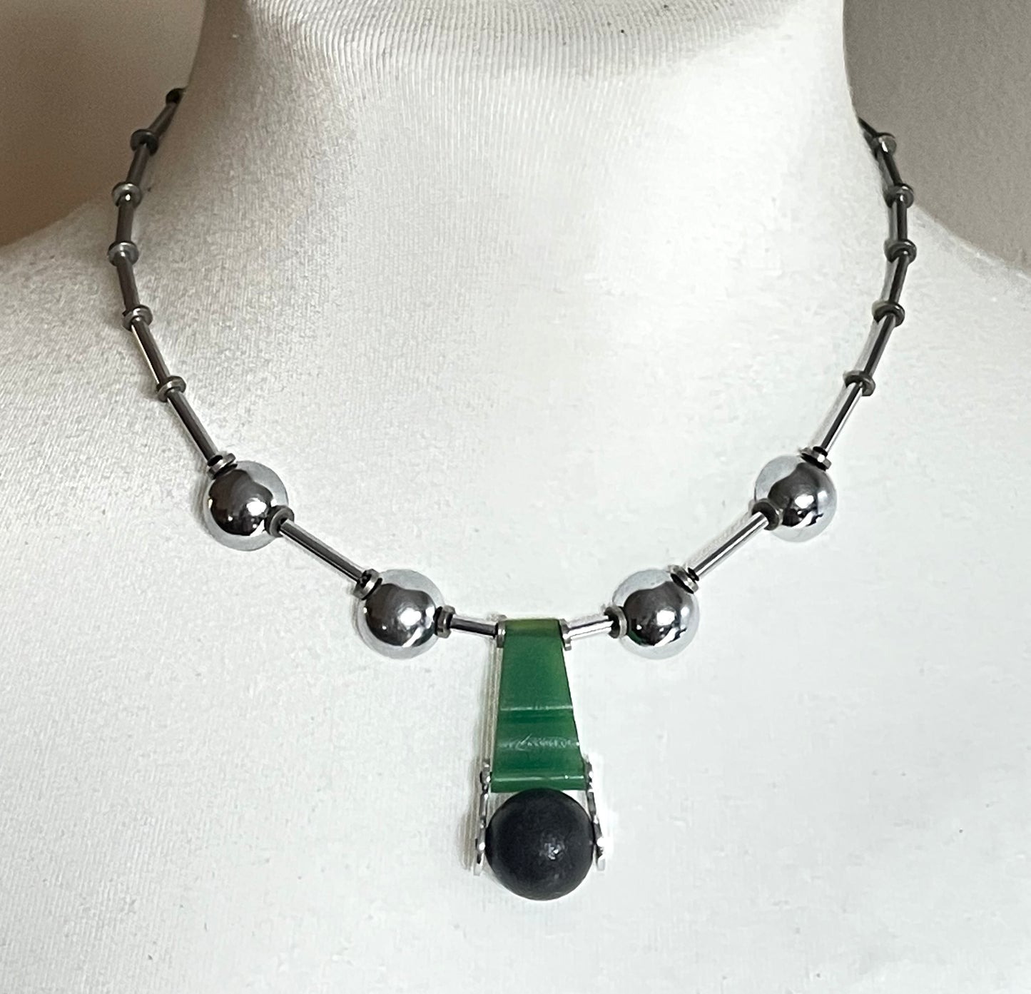Vintage Jakob Bengel Art Deco machine age chrome with green and black galalith bead necklace