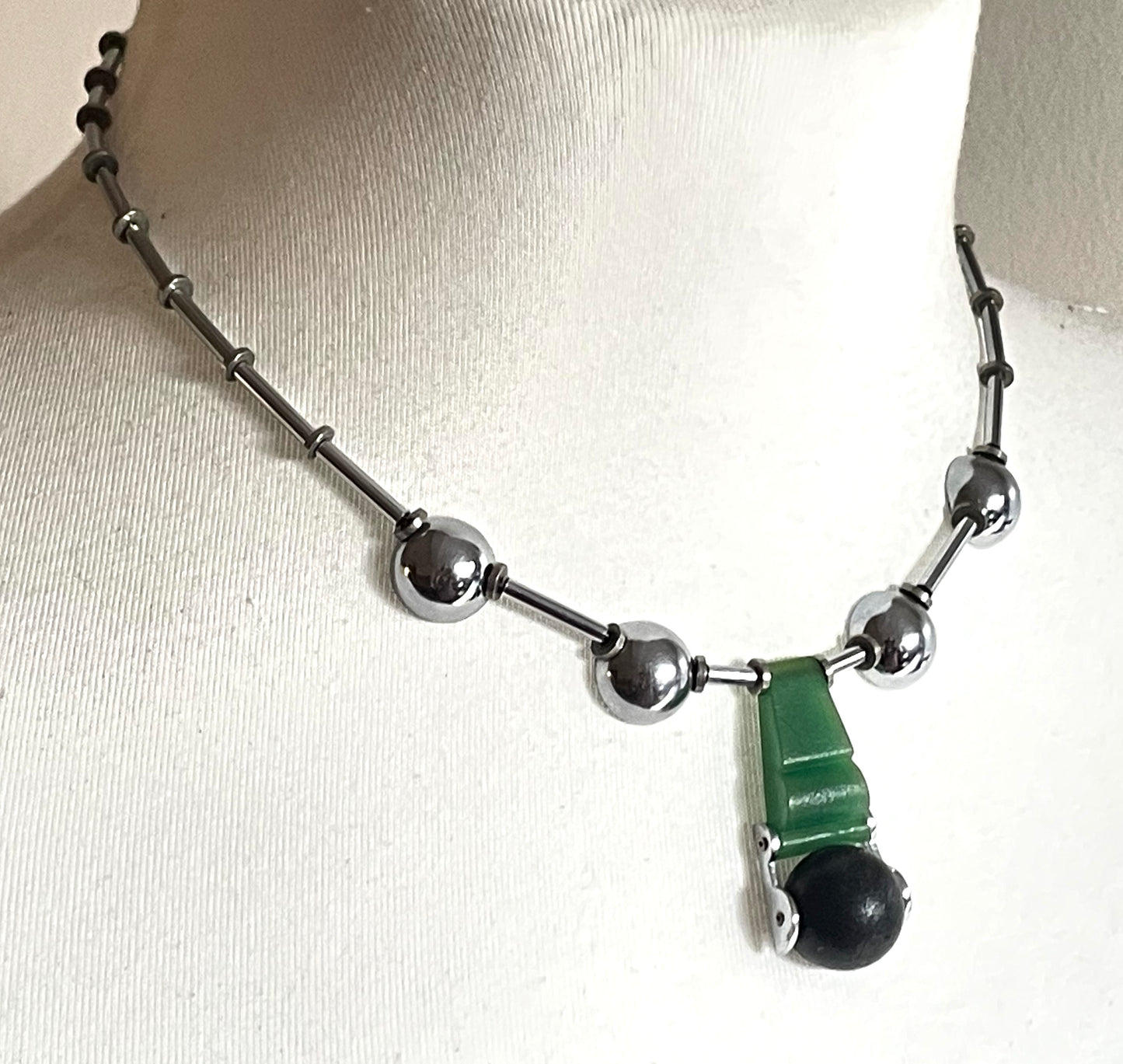 Vintage Jakob Bengel Art Deco machine age chrome with green and black galalith bead necklace